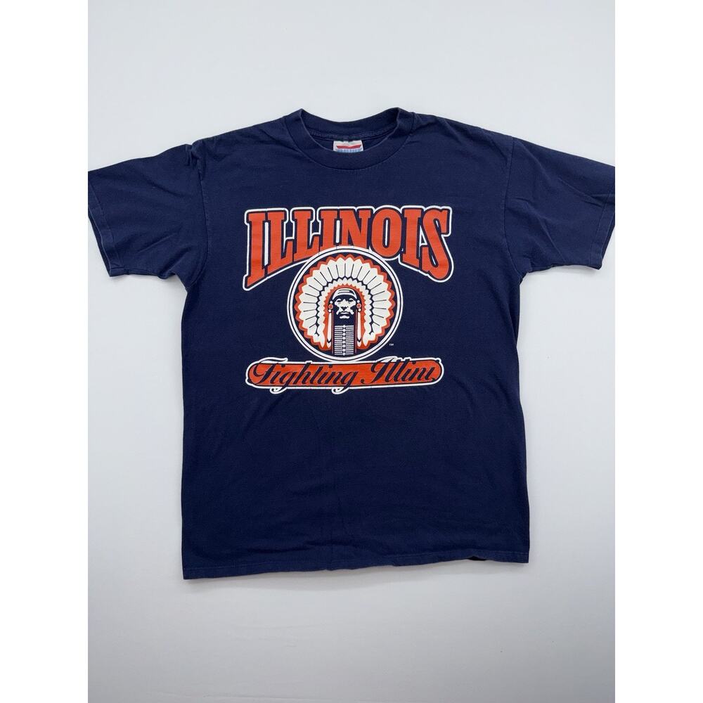 University of Illinois 80s Chief iLLiNi Logo Navy Tee Orange Dodger Made in USA